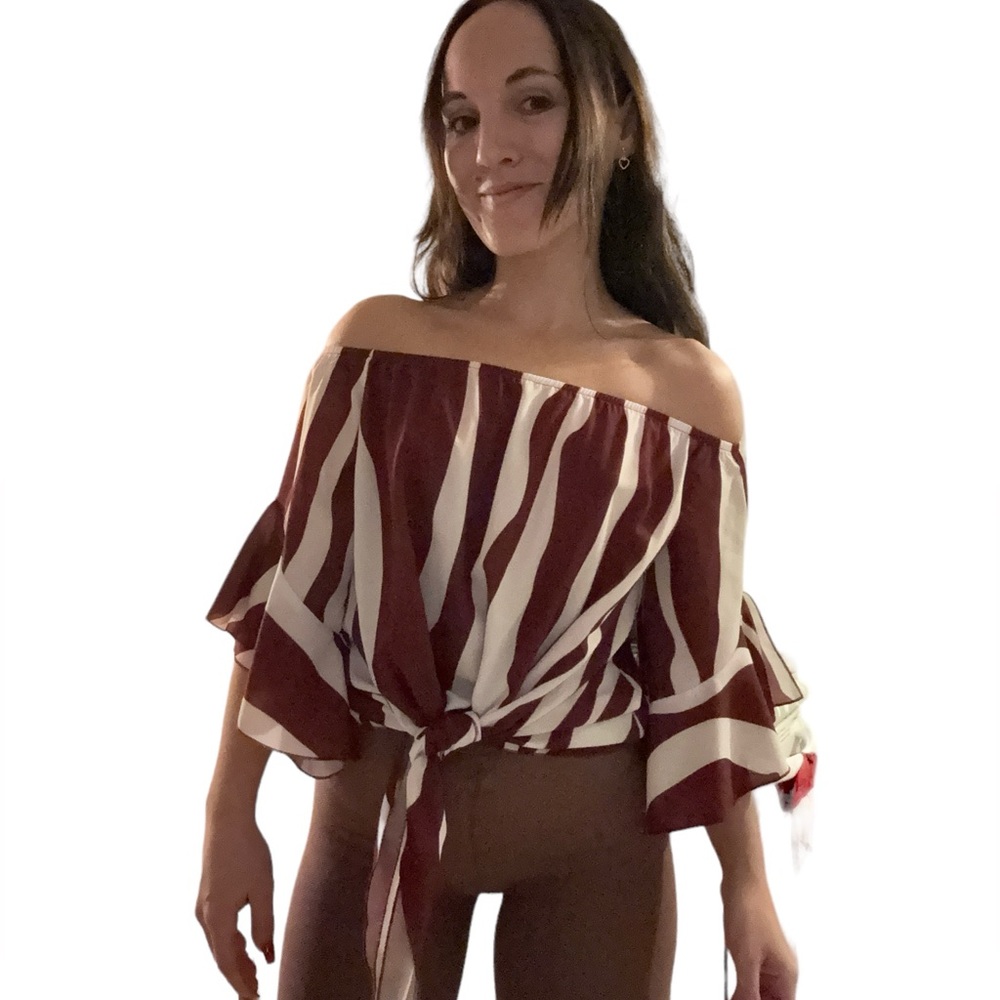 Striped Burgundy & White Off The Shoulder Tied Blouse Puff Sleeve